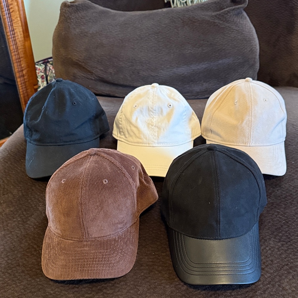 Women’s baseball hats- barely worn, brown corduroy brand new all adjustable.